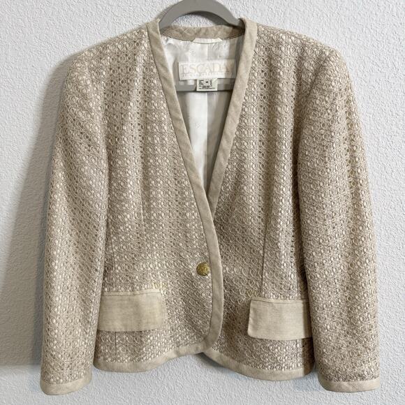 ESCADA Blazer Jacket Flax Novelty Weave Linen Made In Germany Size M 38 8 - Picture 1 of 8